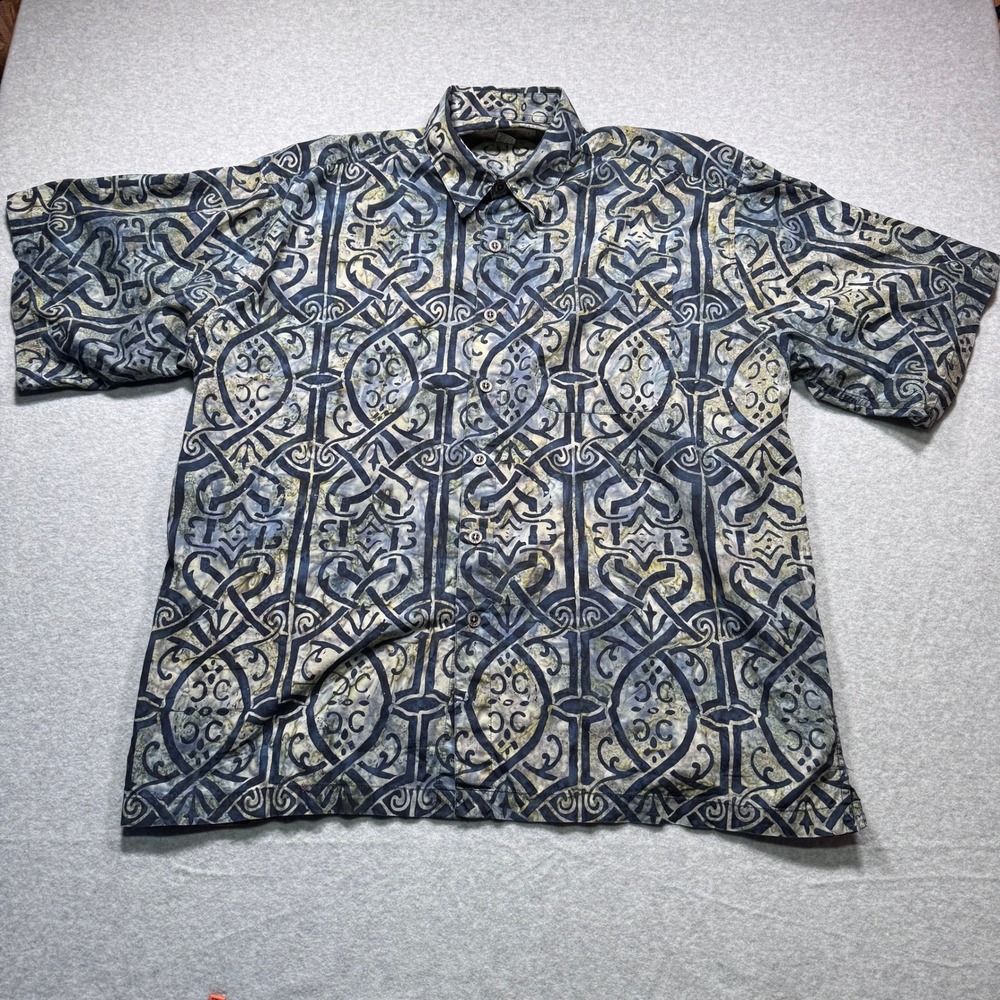 Johari West Mens 2XL Blue Batik Cotton Short Sleeve Button Up Hawaiian Shirt